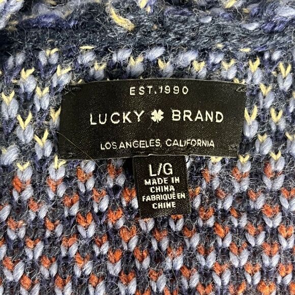 Lucky Brand Open Cardigan Knit Sweater L Wool Blend Aztec Chevron Print Blue - Picture 7 of 7